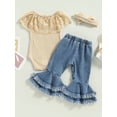 thumbnail image 4 of Bagilaanoe 3pcs Newborn Baby Girl Long Pants Set Sleeveless Lace Patchwork Romper Tops + Flare Jeans Headband 3M 6M 9M 12M 24M Infant Casual Outfits, 4 of 9