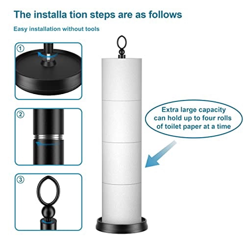 Heavy-Duty Freestanding Toilet Paper Holder with Spare Roll Storage, 22.5" Bathroom Organizer Stand in Matte Black Finish