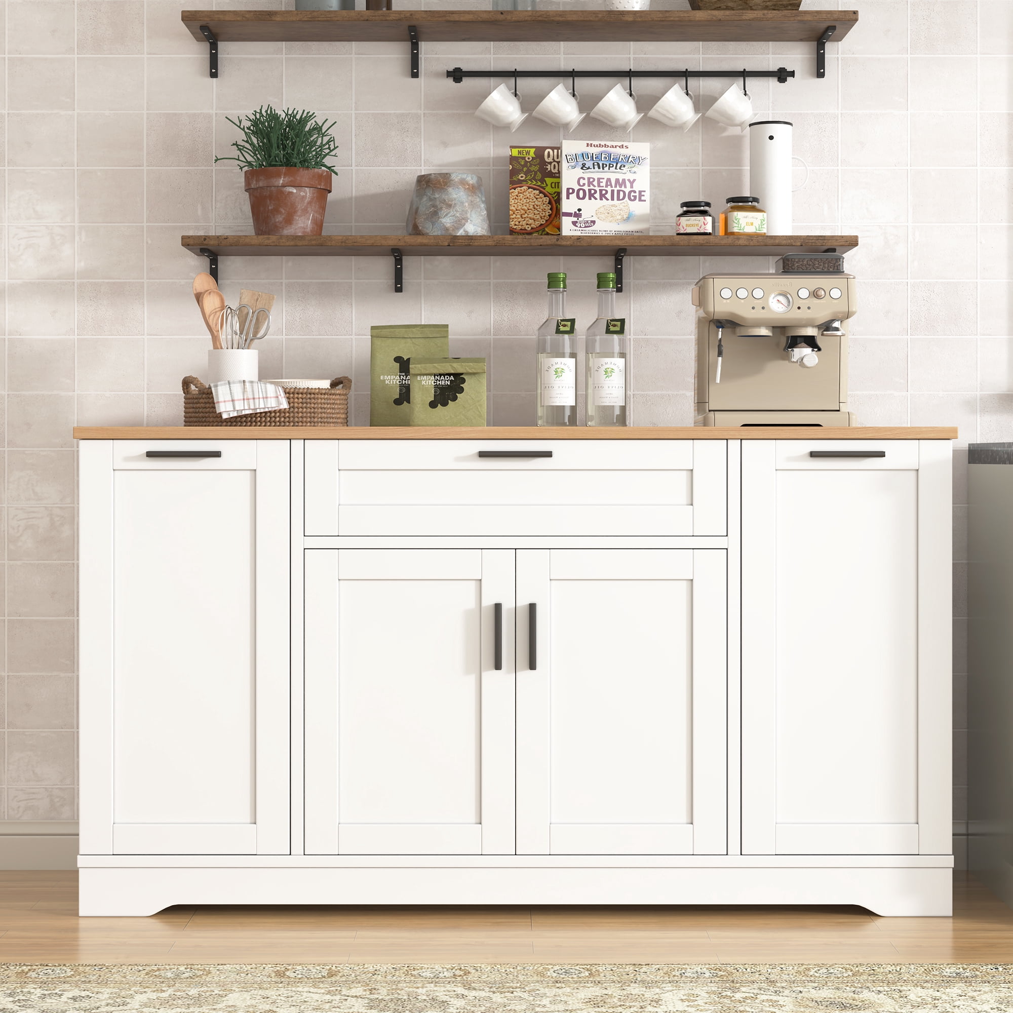 Euroco Multi-Functional Sideboard Buffet Cabinet with Storage,53.7" Extendable Dining Table with Adjustable Shelves,Drawers & 3-Tier Pull-Out Rack,Wooden Coffee Bar Cabinet for Kitchen Living Room