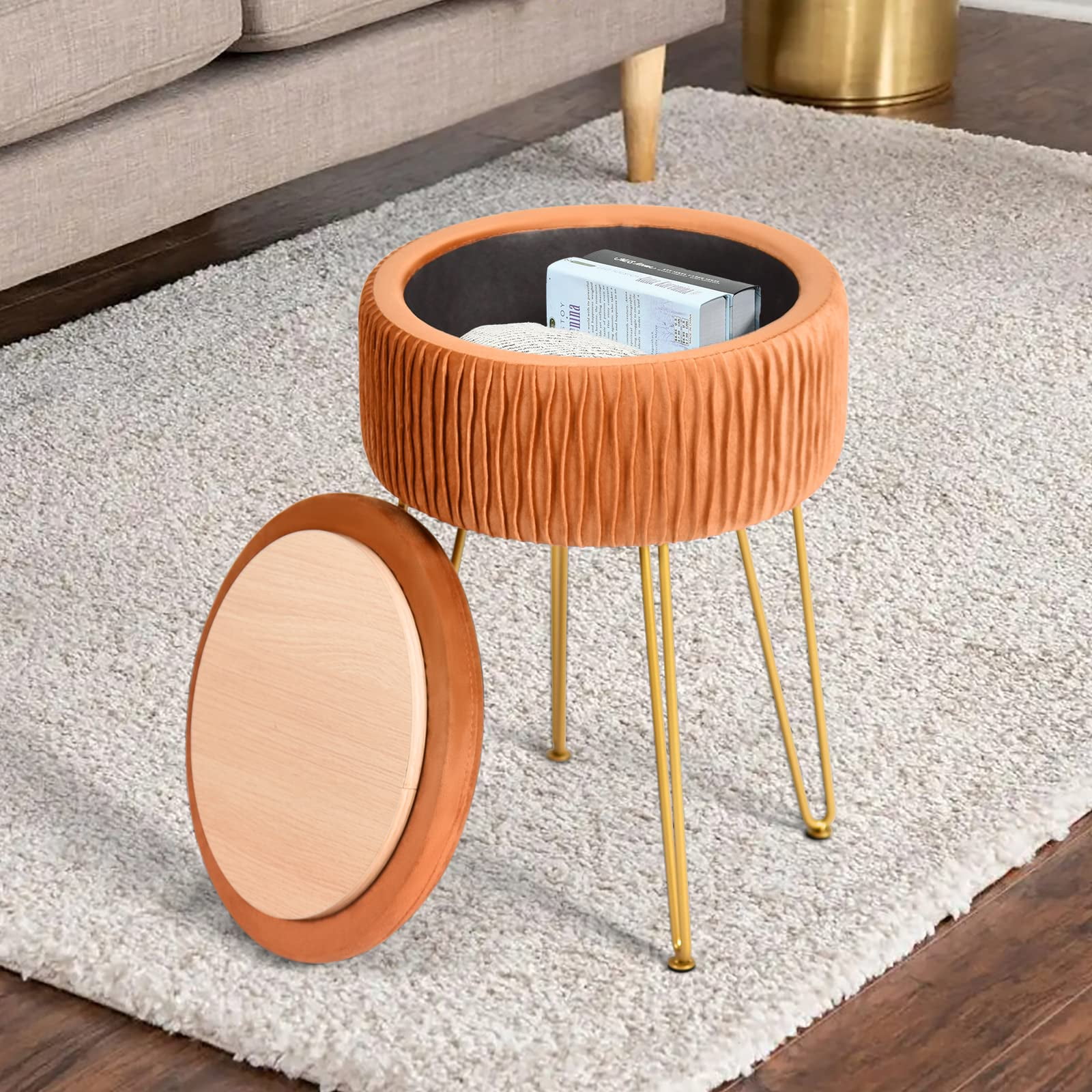 PROHIKER Modern Velvet Foot Rest Stool Upholstered Round Storage
