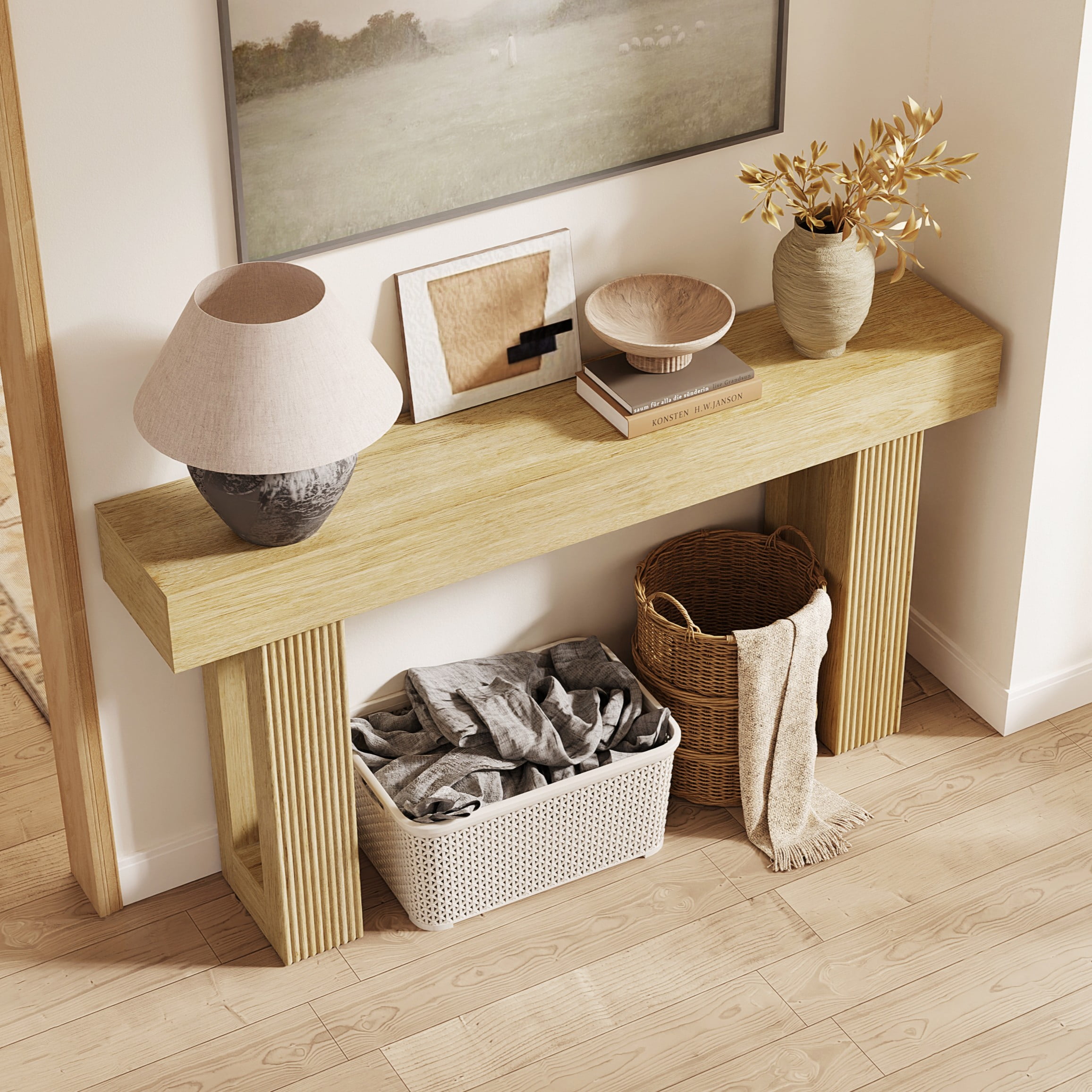 CHIC HOUSE 63" Fluted Entryway Console Table, Farmhouse Long Narrow Wooden Sofa Table Behind the Couch for Living Room, Hallway, Entrance, Foyer, Natural Oak