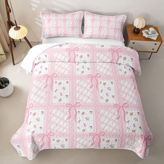 Erosebridal Princess Bow Twin Quilt Set for Girls, Plaid Spring Floral Twin Coverlet Set, 2 Pieces