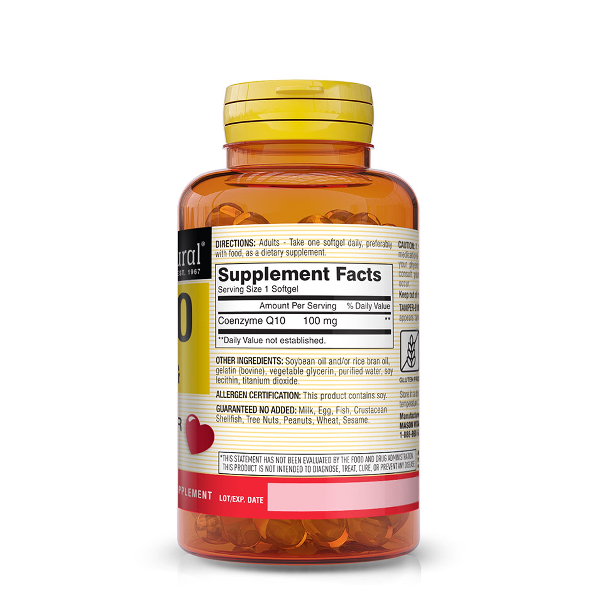 Mason Natural Co Q10 100 mg - Healthy Heart and Cellular Energy Production, Supports Cardiovascular Health, 60 Softgels