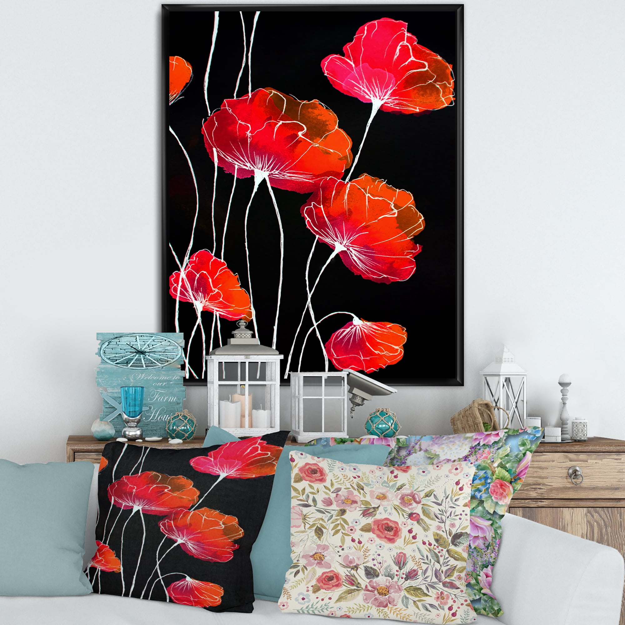 Designart 'Abstract Red Flower Detail On Black Background II' Traditional Framed Canvas Wall Art Print