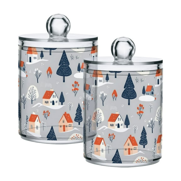 Yayeee 2 Pack Qtip Holder Bathroom Cotton Swab Canister with Lid Clear Dispenser Set, Gray Cartoon Houses