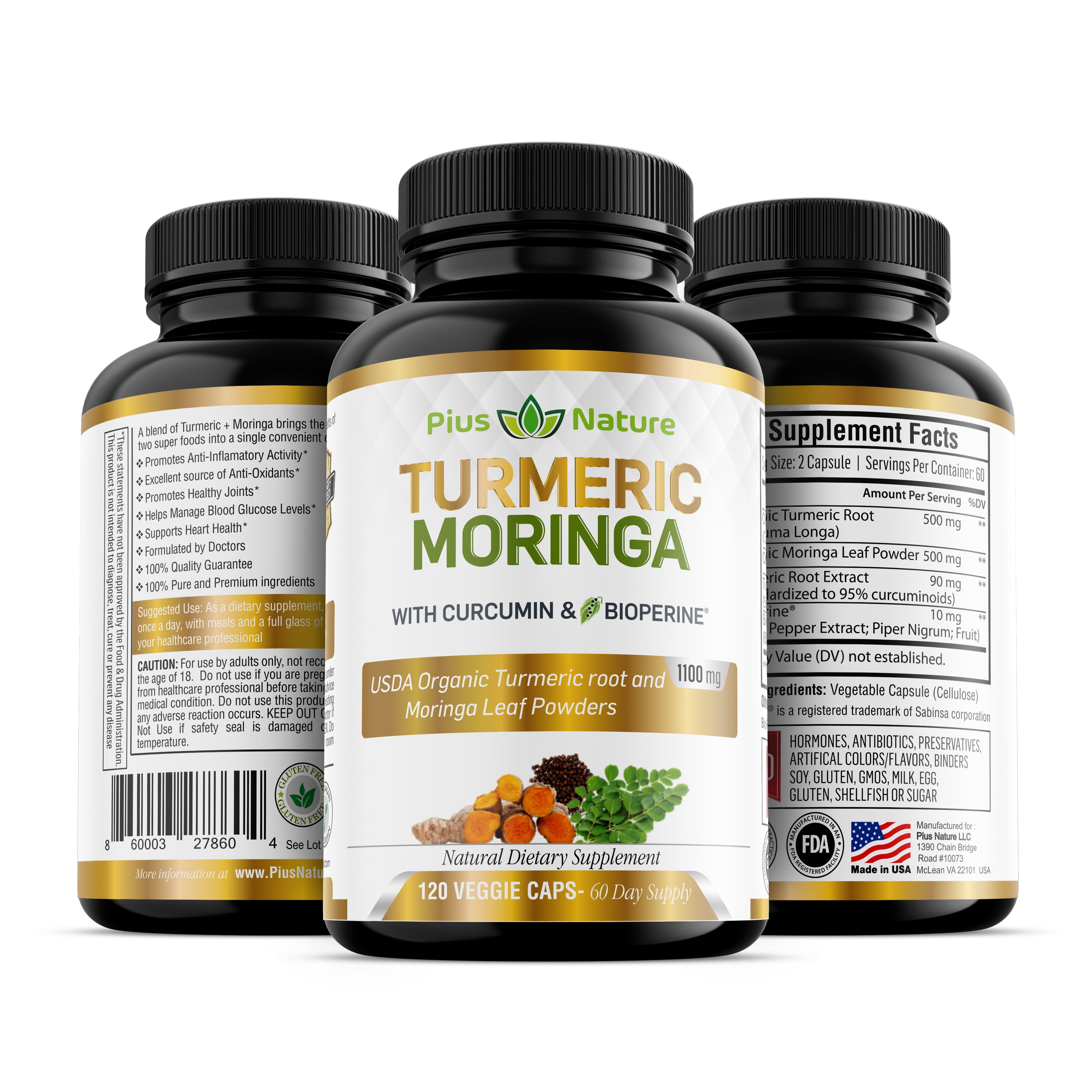 120 Capsules of USDA Organic Turmeric Root Powder and USDA Organic Moringa Leaf Powder with Curcumin and Bioperine, 1100mg per Serving in Veggie Capsules