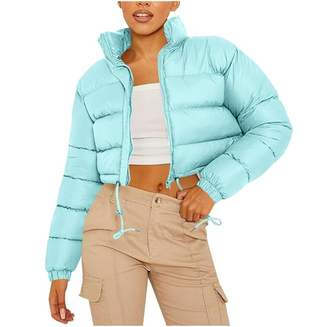 hoksml Doudoune Courte pour Femme avec Ourlet à Cordon, Col Montant, Fermeture Éclair devant, Style Décontracté Mode Urbaine, Veste Courte