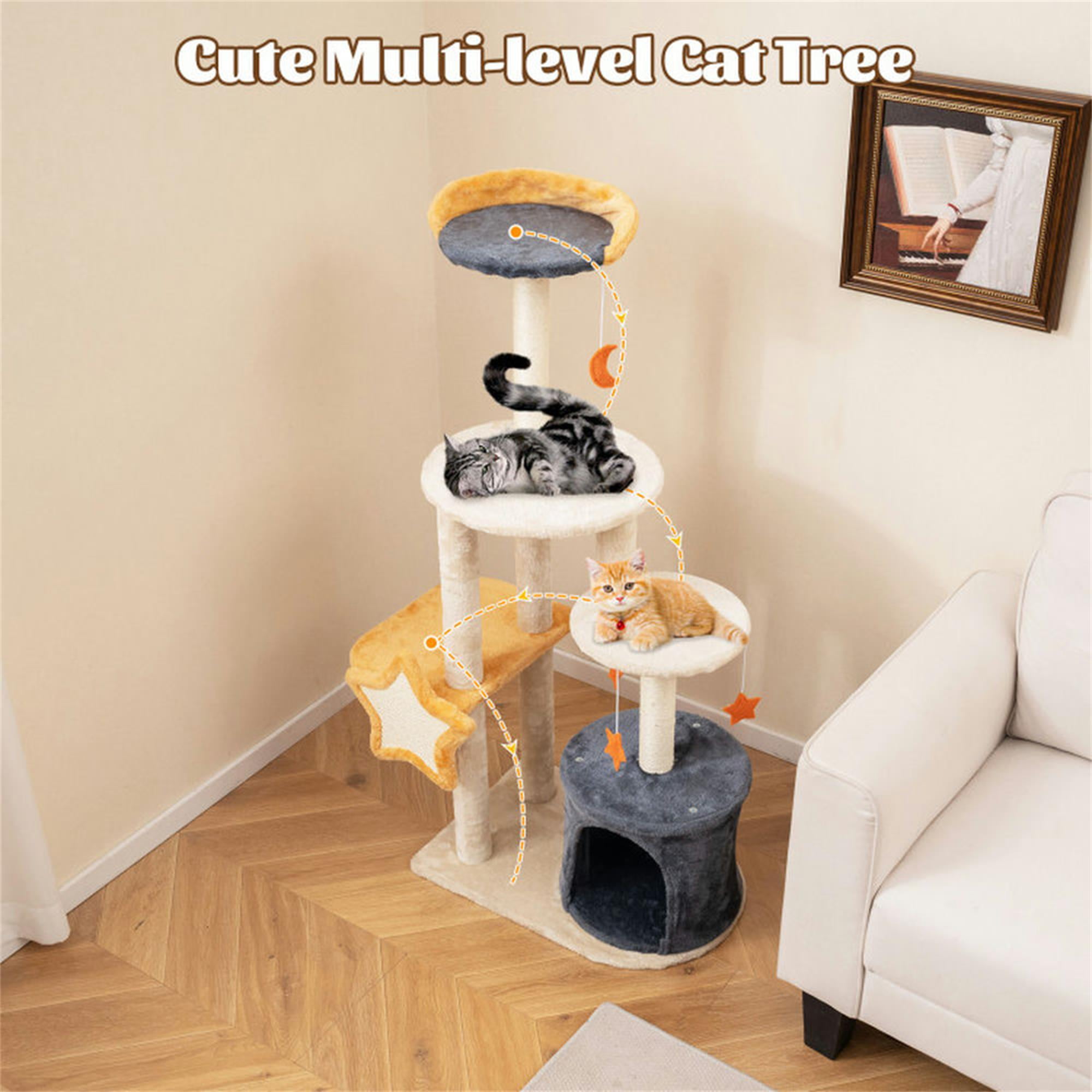 Kadyn 50" Cat Tree Tower for Indoors Cats, Cute Kitty Condo with Scratching Post and Pad, Multi-Level Activity Climbing Furniture for Medium Cats, Beige