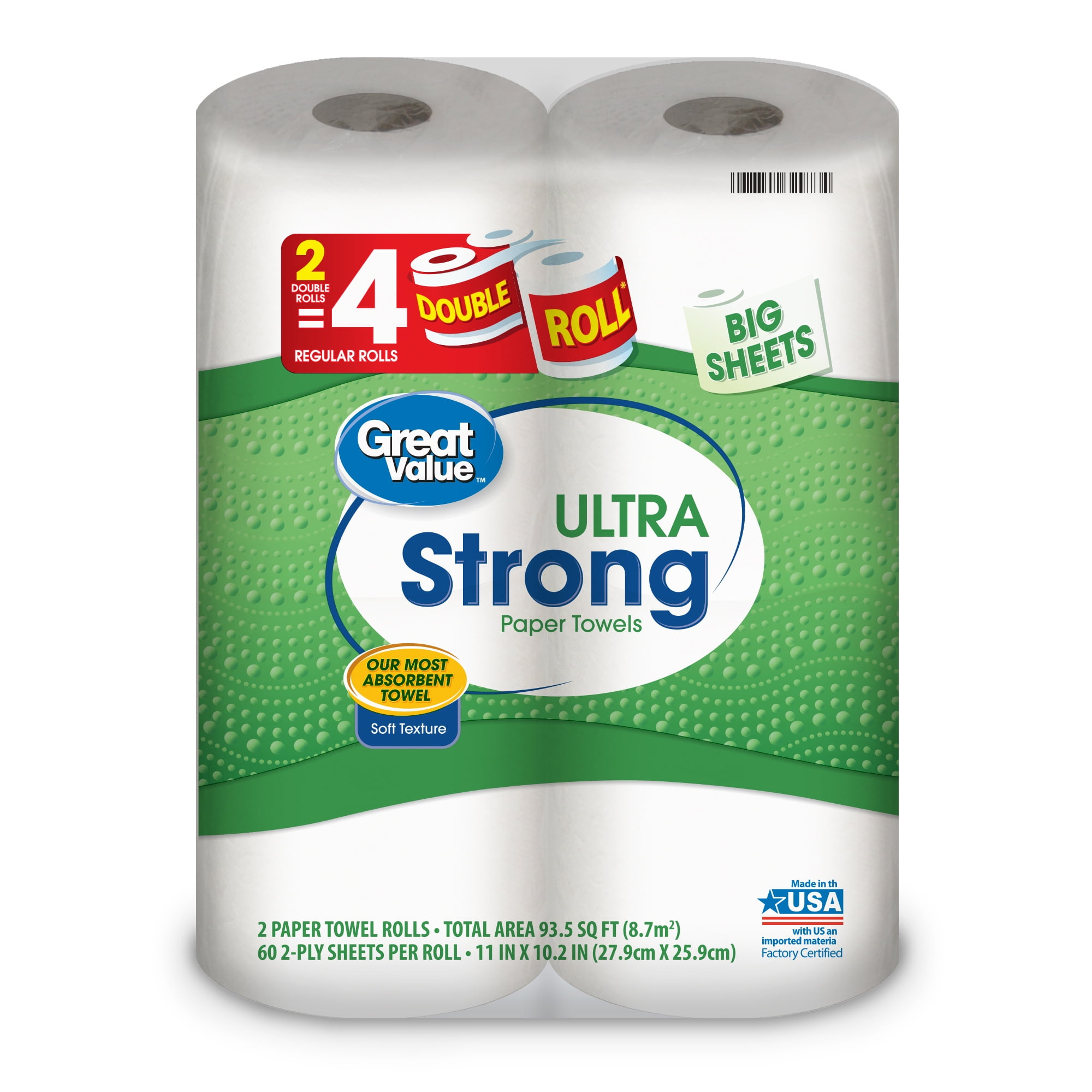 Great Value Ultra Strong Paper Towels, 2 Double Rolls