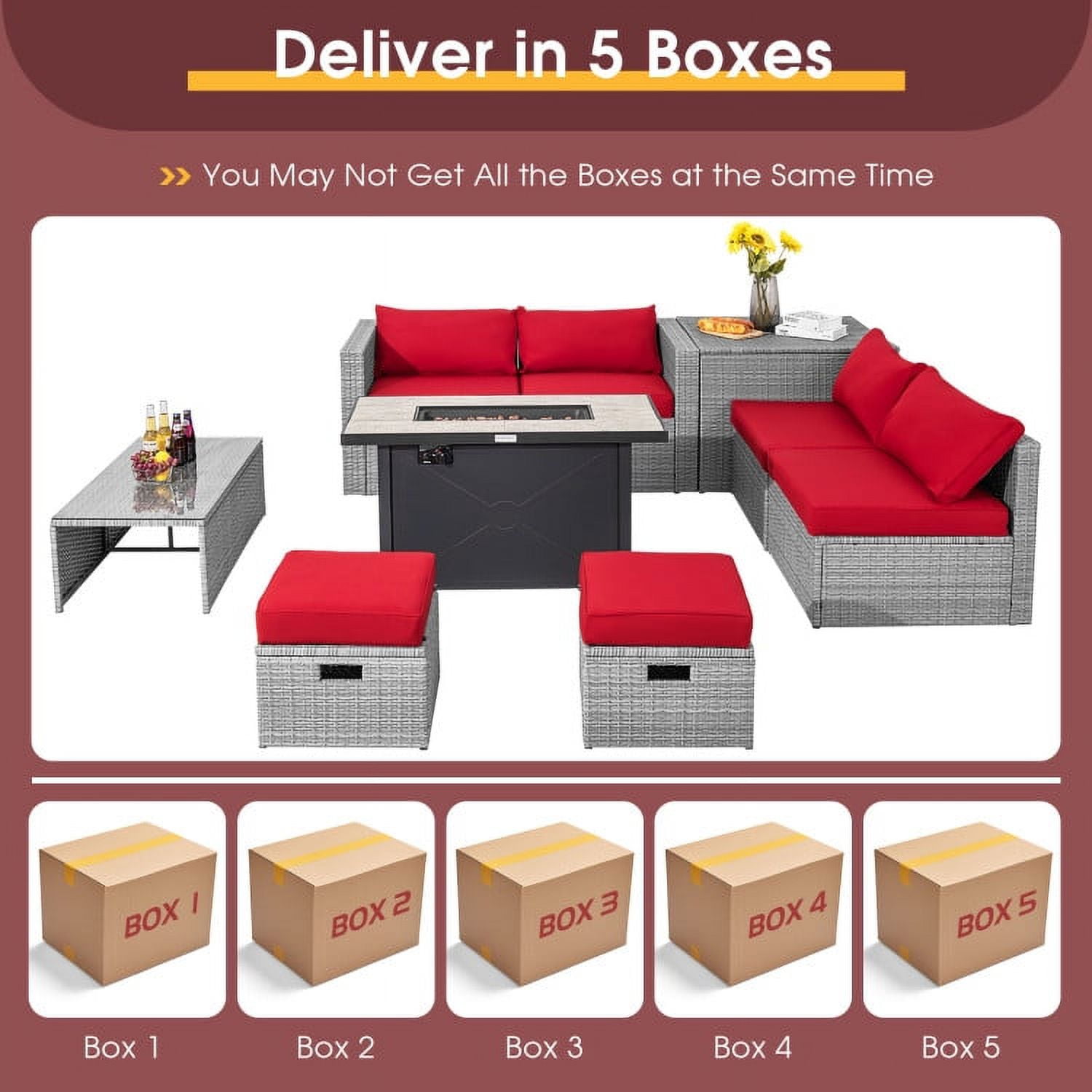 Aimee Lii 9 Pieces Patio Furniture Set with 42 Inches 60000 BTU Fire Pit, Outdoor Patio Furniture, Red Aimee Lii 9 Pieces Patio Furniture Set with 42 Inches 60000 BTU Fire Pit, Outdoor Patio Furniture, Red