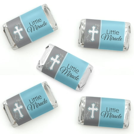 Baptism Candy Wrappers - Little Miracle Boy Blue & Gray Cross - Mini Candy Bar Wrapper Stickers - Baptism or Baby Shower Small Favors - 40 Count