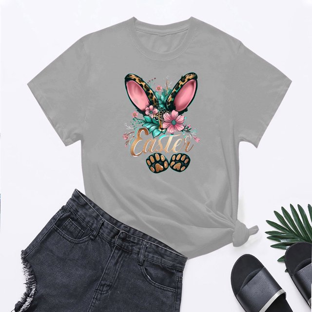 UPPADA Femmes Joyeuses Easter T-Shirt Bunny Rabbit T-Shirt Graphique Manches Courtes Lettres Amusantes Imprimées Chemises Manches Courtes Col Rond Tuniques Hauts Gris,TTG