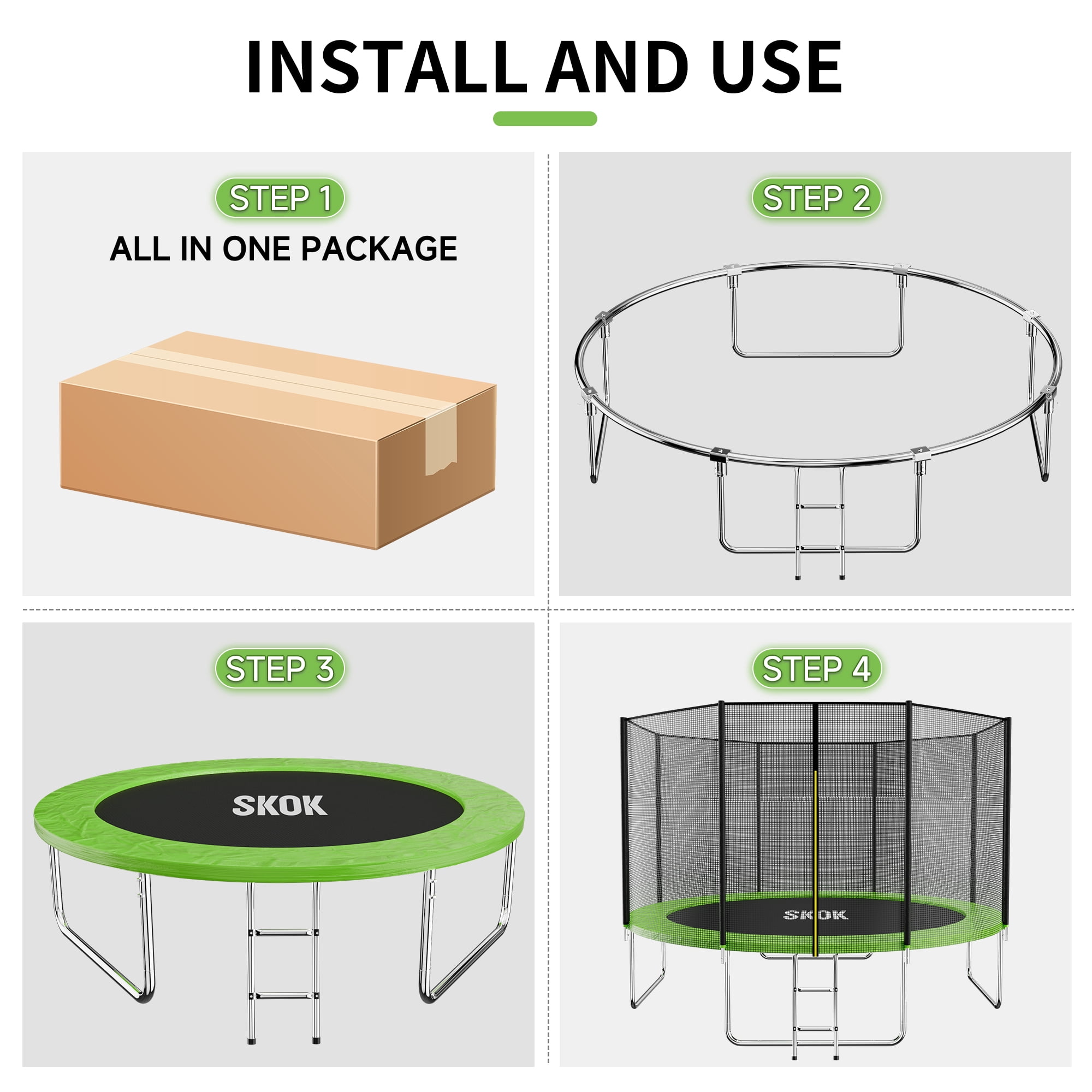 SKOK 12FT Trampoline for Adults & Kids with Safety Net & Heavy Duty Frame Green