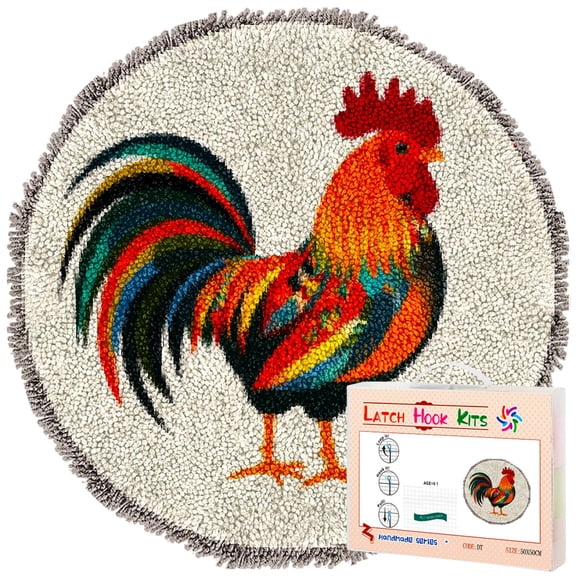Latch Hook Rug Kit Colorful Rooster Stamped Handmade Round Shape Carpet Crochet Yarn Craft DIY Hook and Latch Door Mat Tapestry for Home Floor Decor 50x50cm(1)