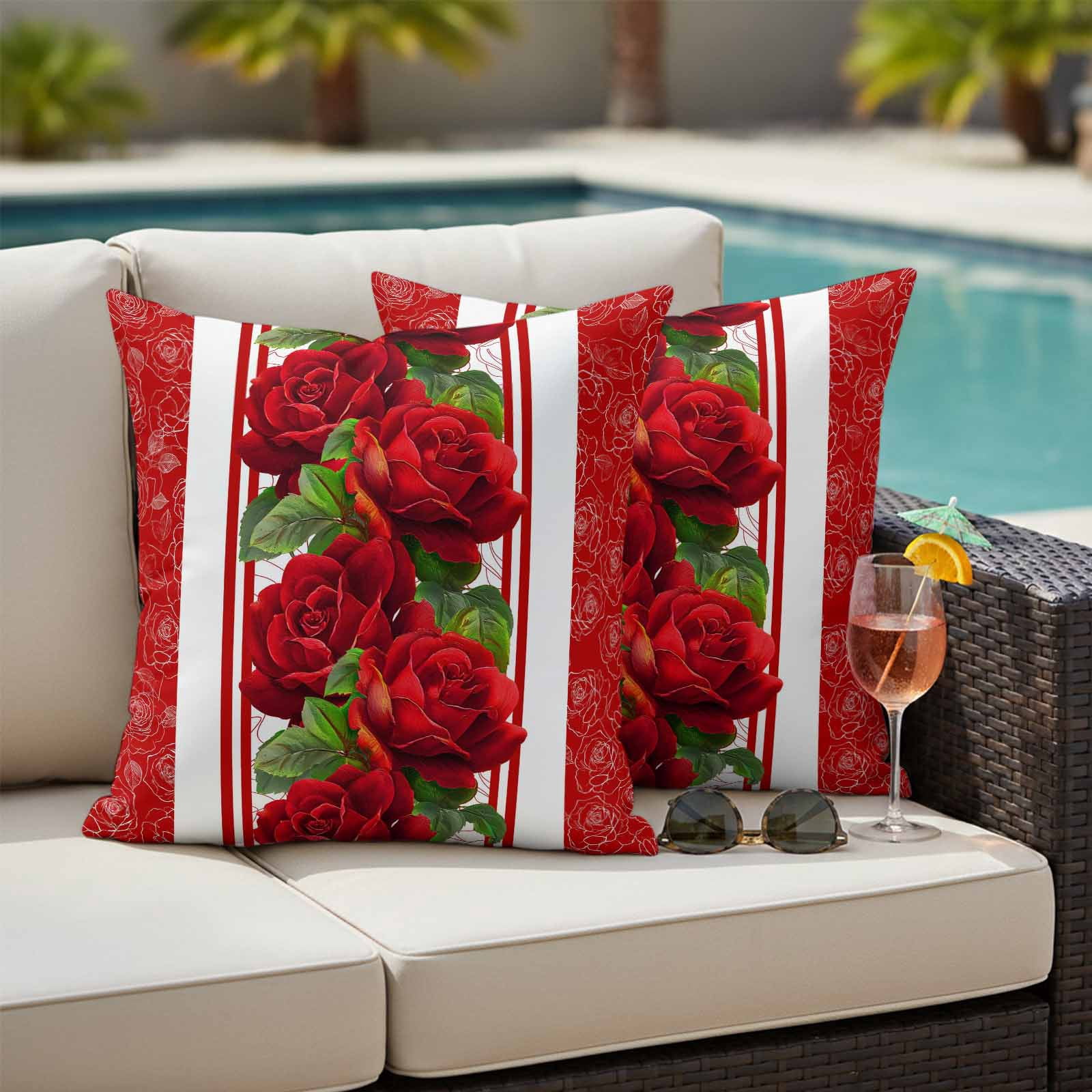 Valentine's Day Outdoor Waterproof Pillow Covers, Red Roses Floral Romantic Striped Decorative Square Throw Pillowcase Sofa Cushion Sham for Patio/Couch/Chair, 20"x20" 2 Pack