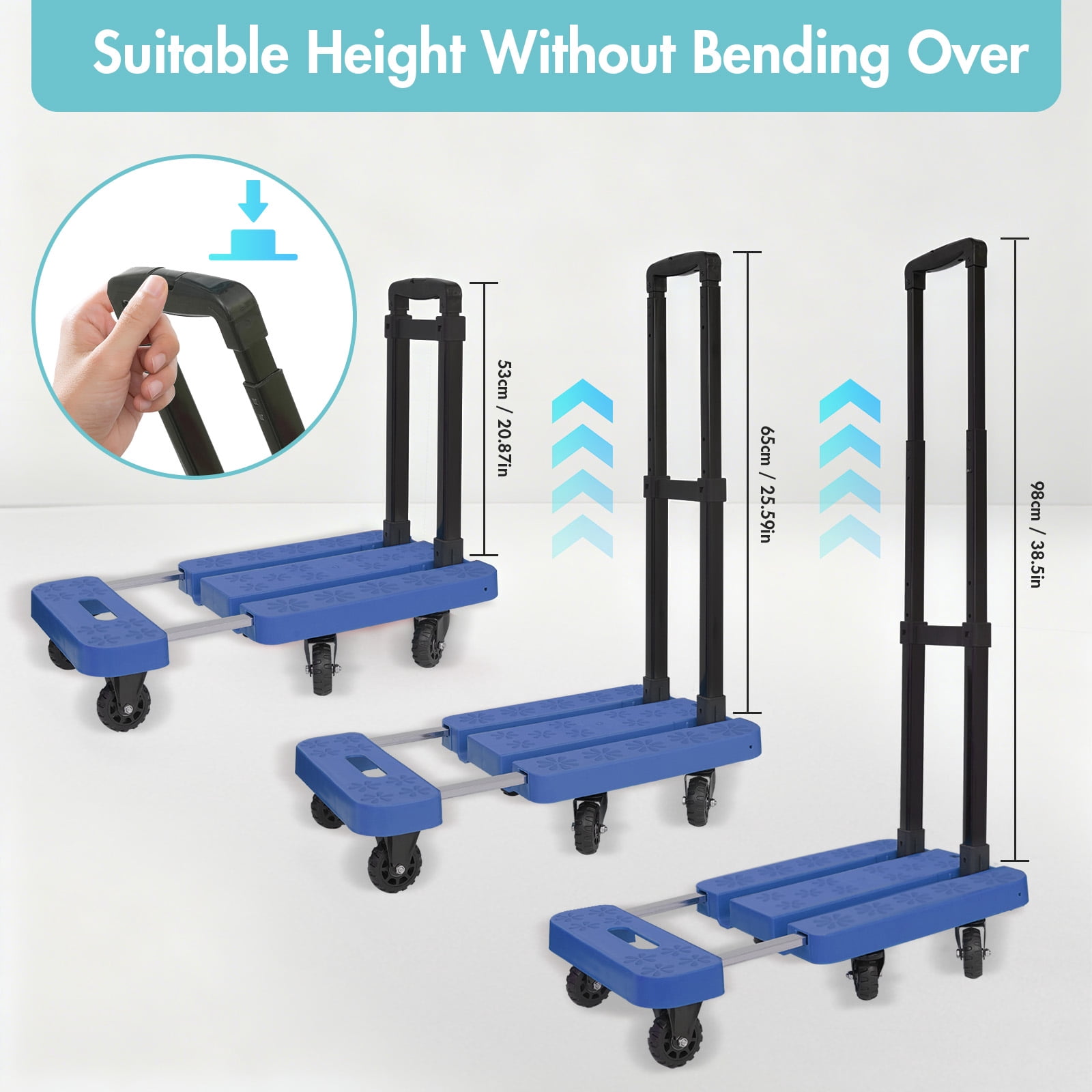 BAOKALER Folding Hand Truck, Heavy Duty Dolly Cart, Push Dolly Cart Foldable Platform with 6 Wheels, Blue
