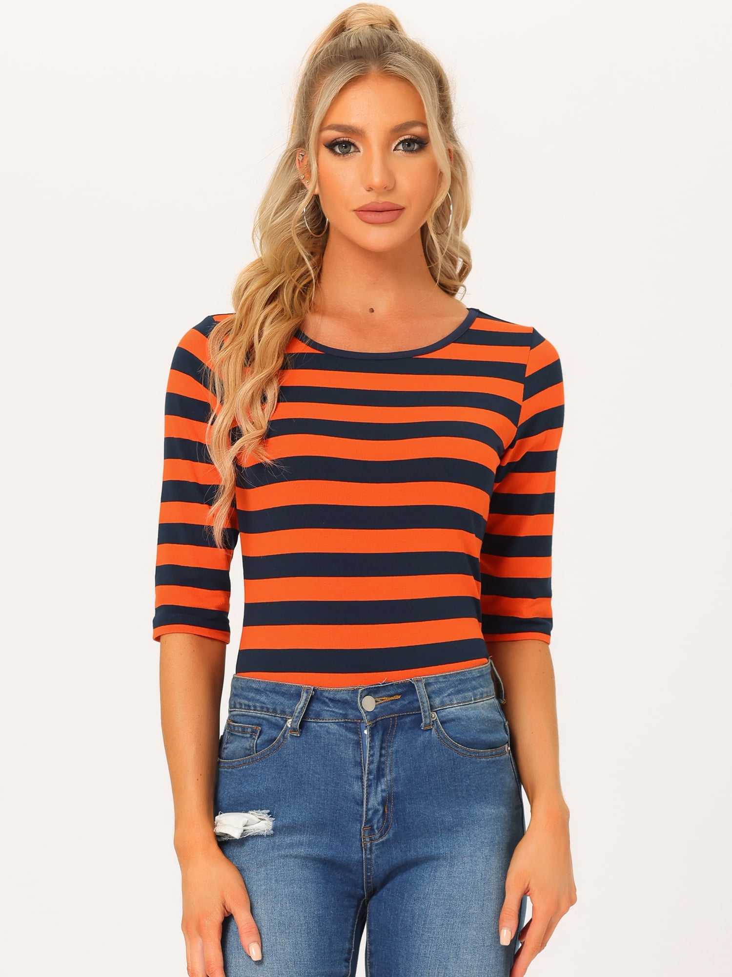 DARING DIVA Women's Halloween Costume 1/2 Sleeve Floral Top S Orange Navy Blue