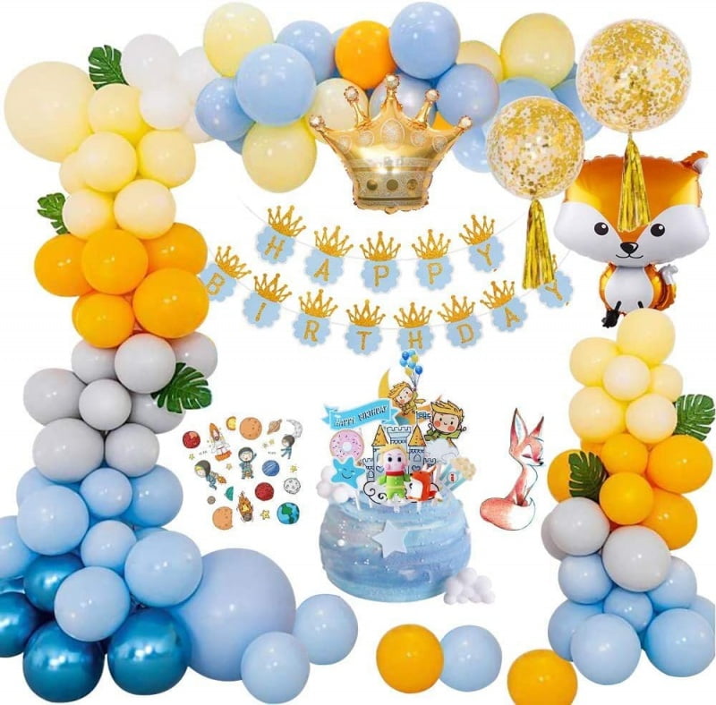 MMTX Baby Shower Little Prince Theme Blue Birthday Balloon Arch Decoration with Banner, Fox Crown Aluminum Foil Balloon, Little Prince Cake
