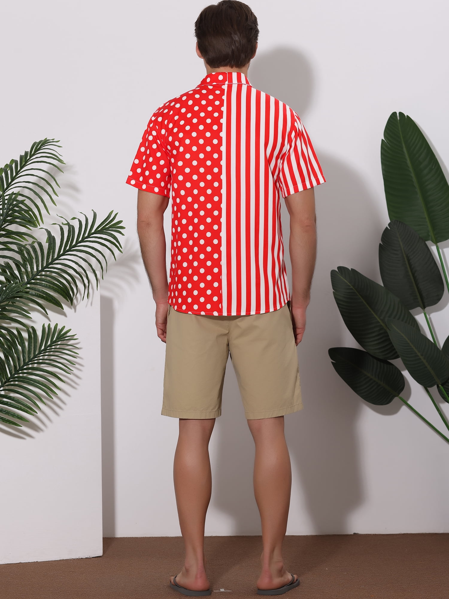 Unique Bargains Men's Summer Stripe Polka Dots Short Sleeves Button Patchwork Shirt L Red White