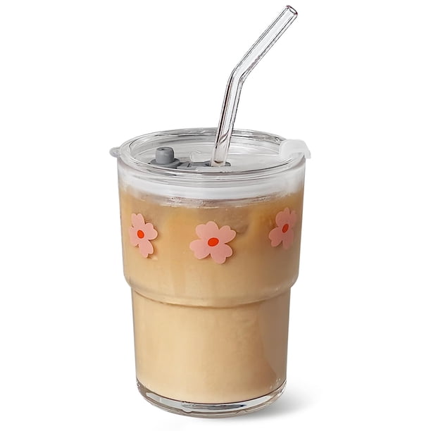 Vaso de cristal Olvini de 380 ml con pajita y tapa, flor rosa