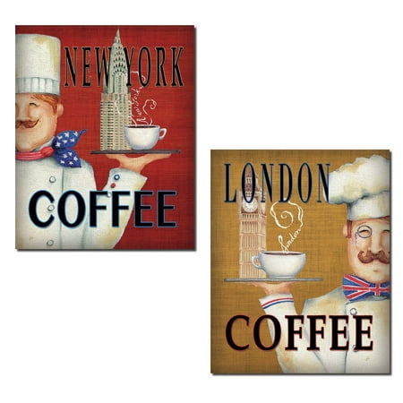Jolly London and New York Coffee Chefs by Daphne Brissonnet; Kitchen Decor; Two 11x14in Paper