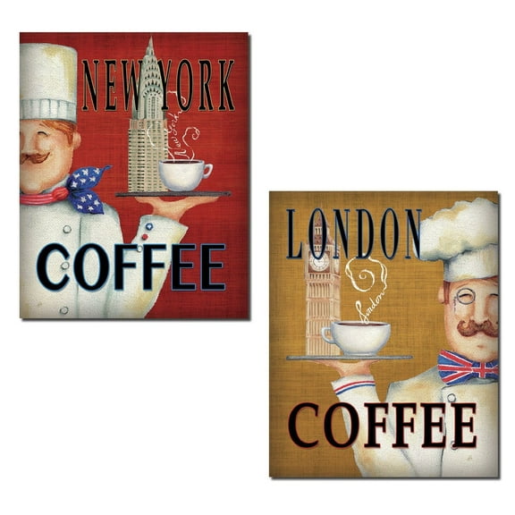 Red and Yellow London and New York Coffee Chef Set; Adult Kitchen Decor; 2-11"x14" Paper Poster