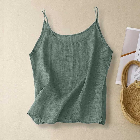 YOZGXEG Going Out Tops For Women Women Cotton Linen Spaghetti Strap Loose Fit Sleeveless Camisole Tank Top Summer Casual Top Green 3Xl-5Xl