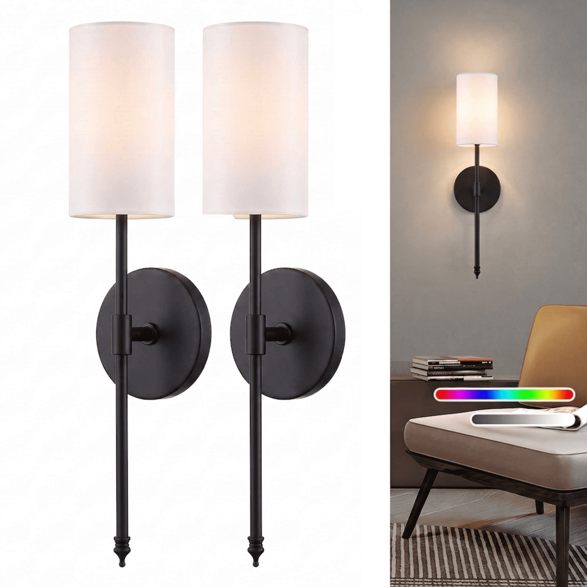 VOLIVO Wall Sconces 2 Pack, Wireless Wall Lights with Rgb Dimmable Light, 15 Colors & Remote Control, for Bedroom, Living Room, Hallway (Black)