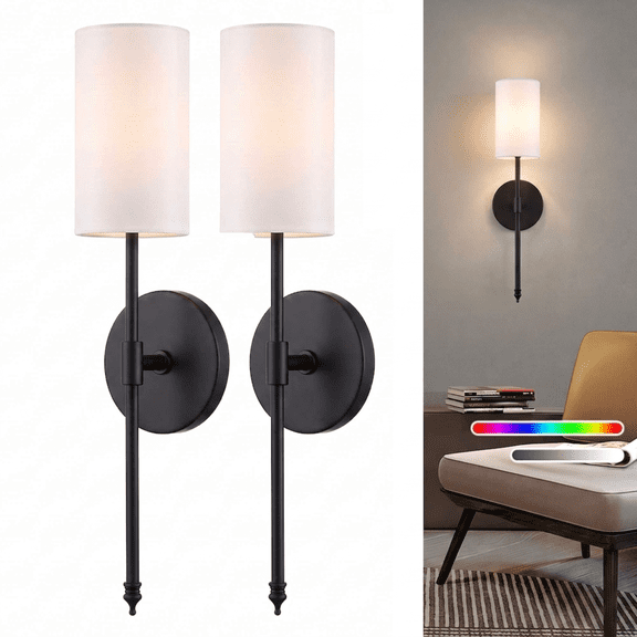 VOLIVO Wall Sconces 2 Pack, Wireless Wall Lights with RGB Dimmable Light, 15 Colors & Remote Control, for Bedroom, Living Room, Hallway (Black)