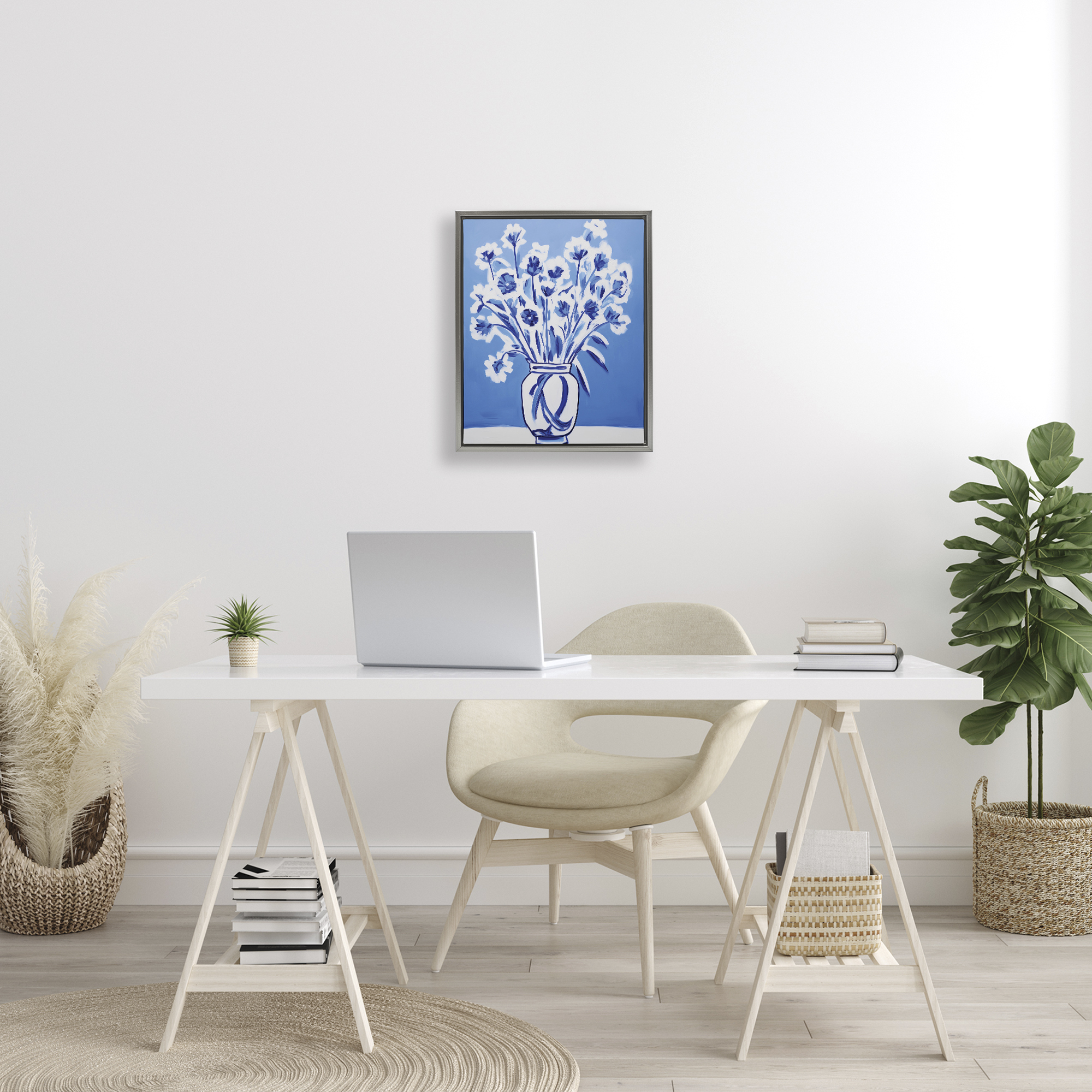 Blue & White Contrast Flowers Gray Framed Floater Canvas Wall Art, design by Lettered and Lined