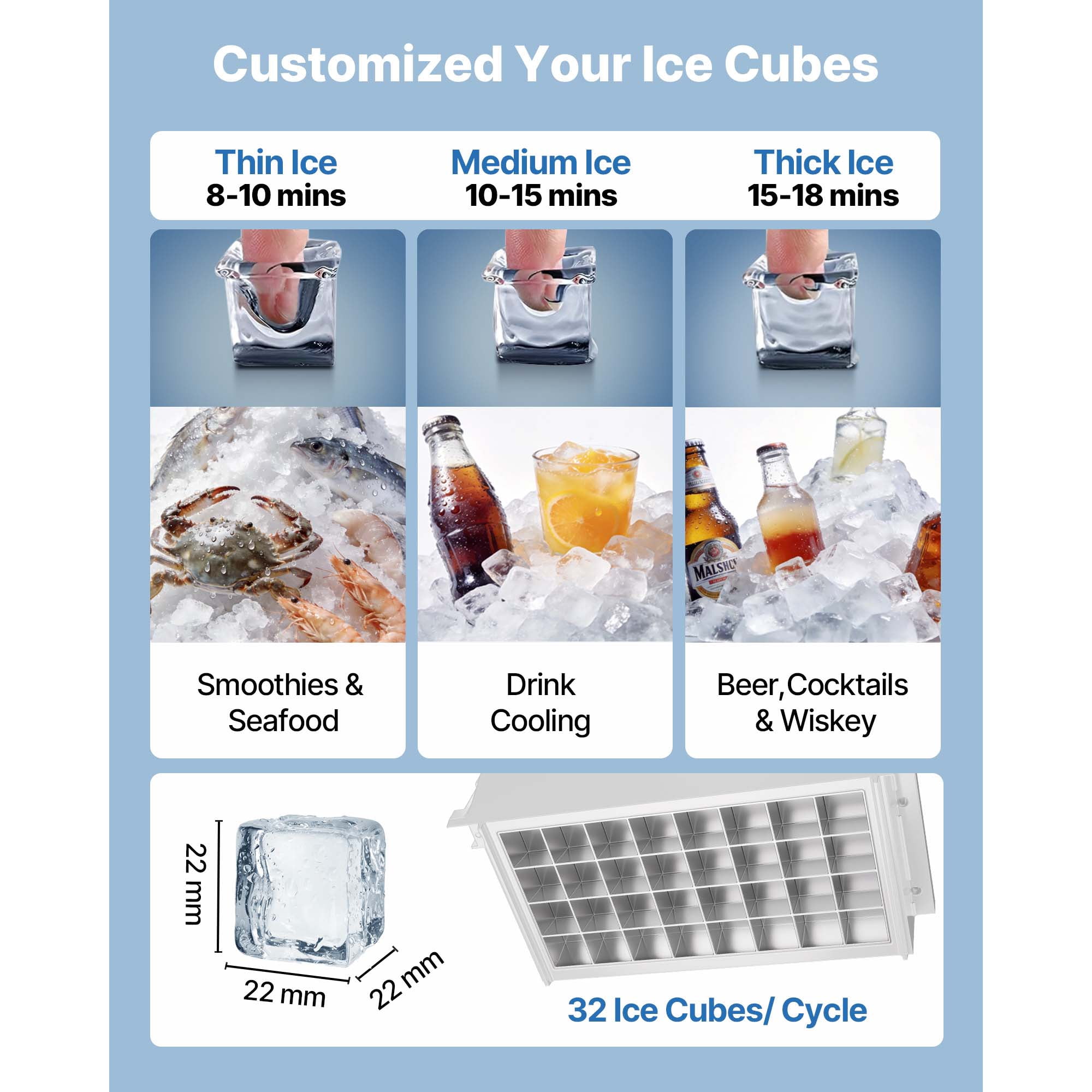 KFFKFF Commercial Ice Maker Machine, 80 lbs/24h Output with 13 lbs Storage, Countertop/Freestanding/Under Counter Design, Stainless Steel Ice Maker with LED Display & Self-Cleaning Function
