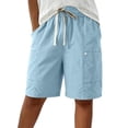 thumbnail image 6 of Cargo Shorts for Women Only Moment Womens Longer Shorts for Summer Chemical Fiber Blends Comfy Cotton Elastic Waist Drawstring Casual Shorts with Pockets Sky Blue,L, 6 of 9