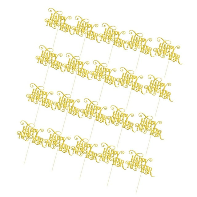veasfak 20 Pieces New Year' Letters Cake Topper Shiny Year Celebration Pick Home Party Gold