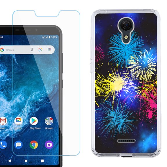 Slim-Fit Protective Phone Case compatible with Cricket Icon 2, with Tempered Glass Screen Protector, by OneToughShield ® - Fireworks