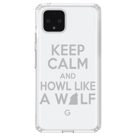 DistinctInk Clear Shockproof Hybrid Case for Google Pixel 4 (6.1" Screen) - TPU Bumper Acrylic Back Tempered Glass Screen Protector - Keep Calm Howl Like a Wolf