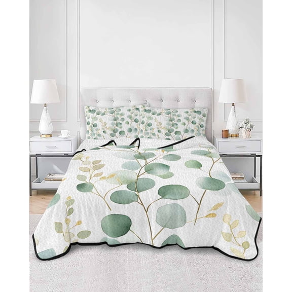 Quilts Twin XL Size, Eucalyptus Leaves Soft Comforter Bedding Set for Bed, Green Gold Spring Botanical Branch Lightweight Quilted Bedspread with Pillow Cover(2 Pieces) for All Season, 68x98 Inch