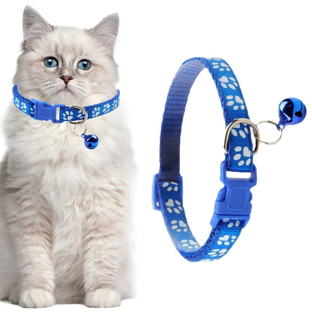 Calentador De Cuello De Poliéster Collar ajustable para gatos con cierre de seguridad, tira reflectante y cascabel. Diseño de huella de pata azul. Banda suave para el cuello para gatitos (1 pieza). Rk