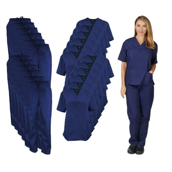 M&M SCRUBS Women Scrub Set V-Neck Medical Scrub Tops and Drawstring Pants - Pack of 12 Set (True Navy Blue, XX-Small)