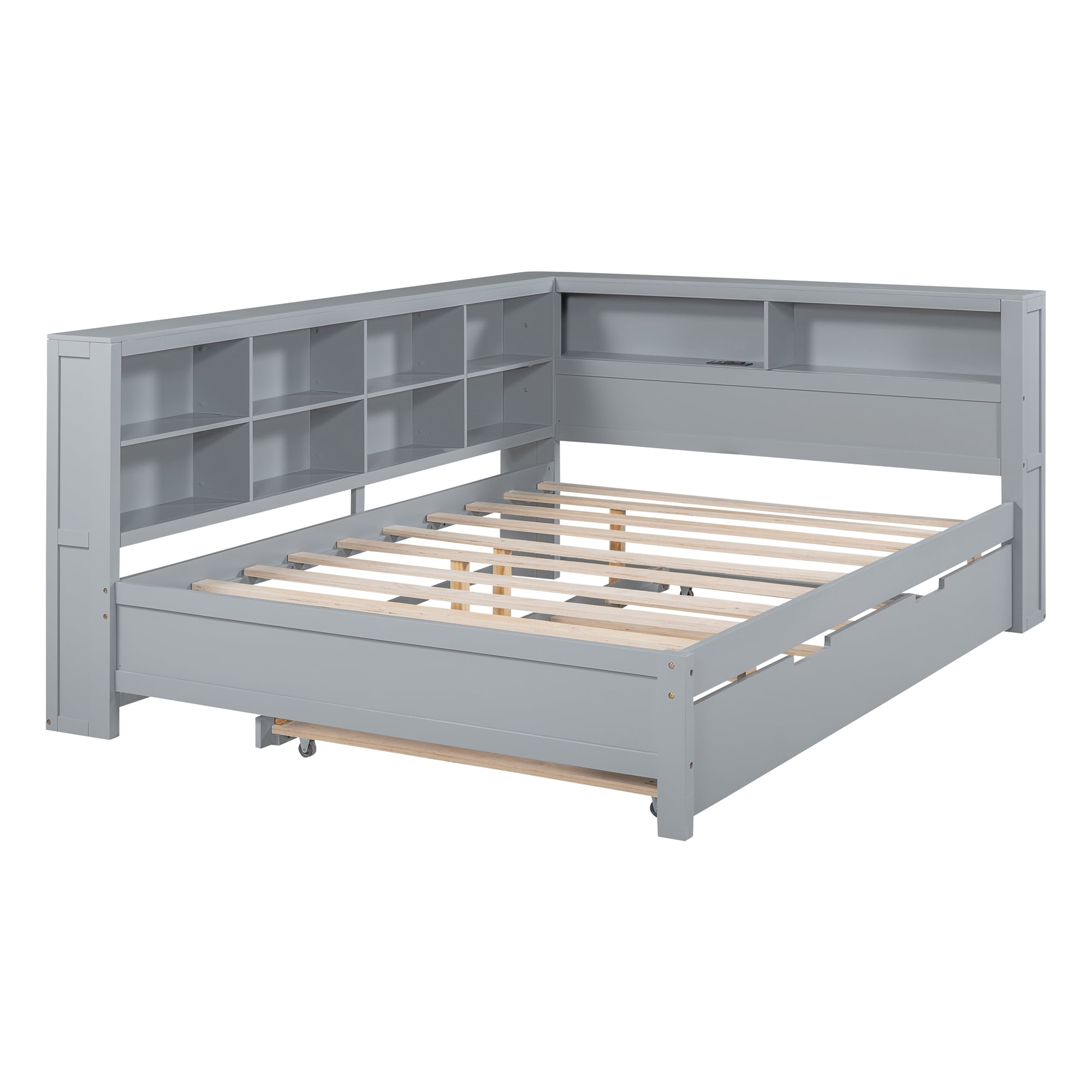 Mintazer Modern Full Daybed Frame with Twin Trundle, Charging Station & Shelves for Bedroom, Grey