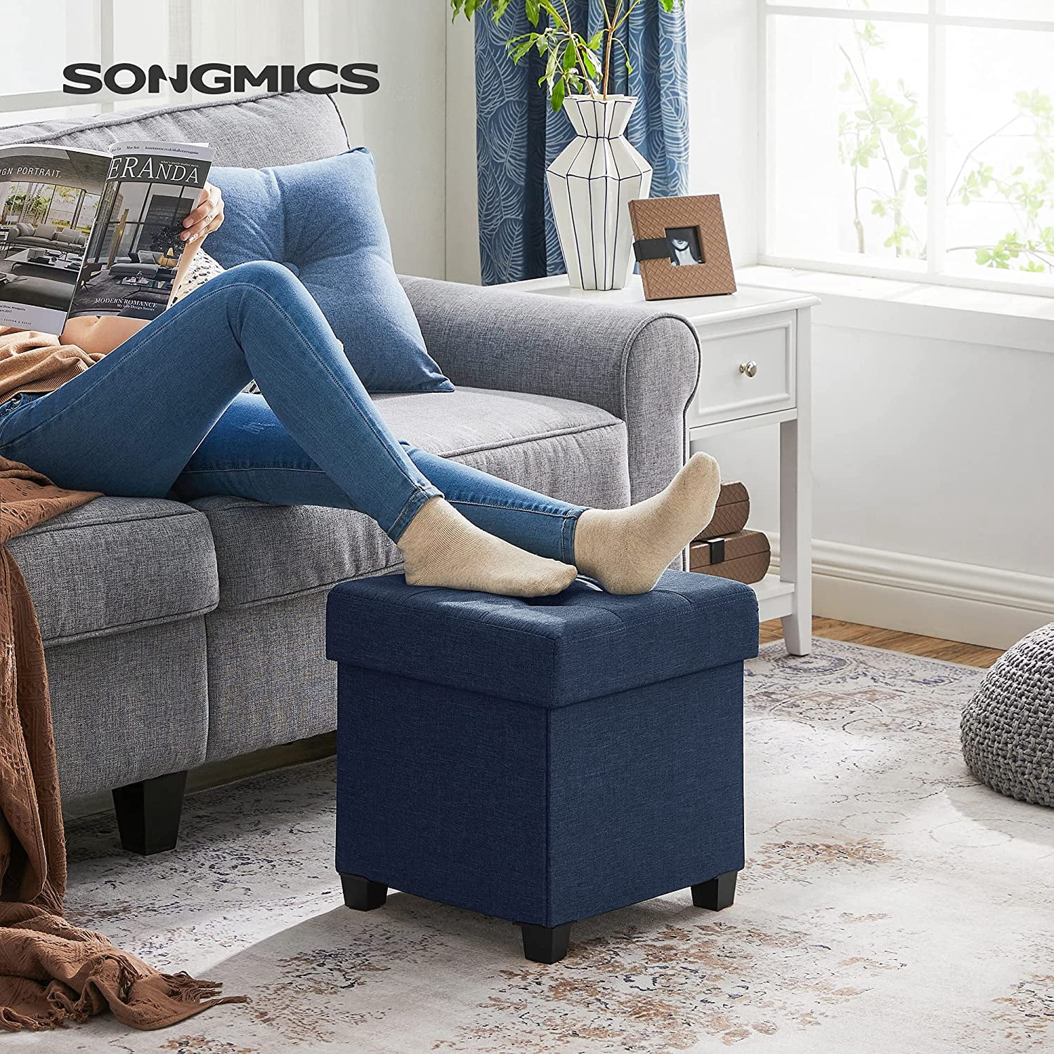 SONGMICS Storage Ottoman, 15" Padded Folding Bench, Chest with Lid, Navy Blue
