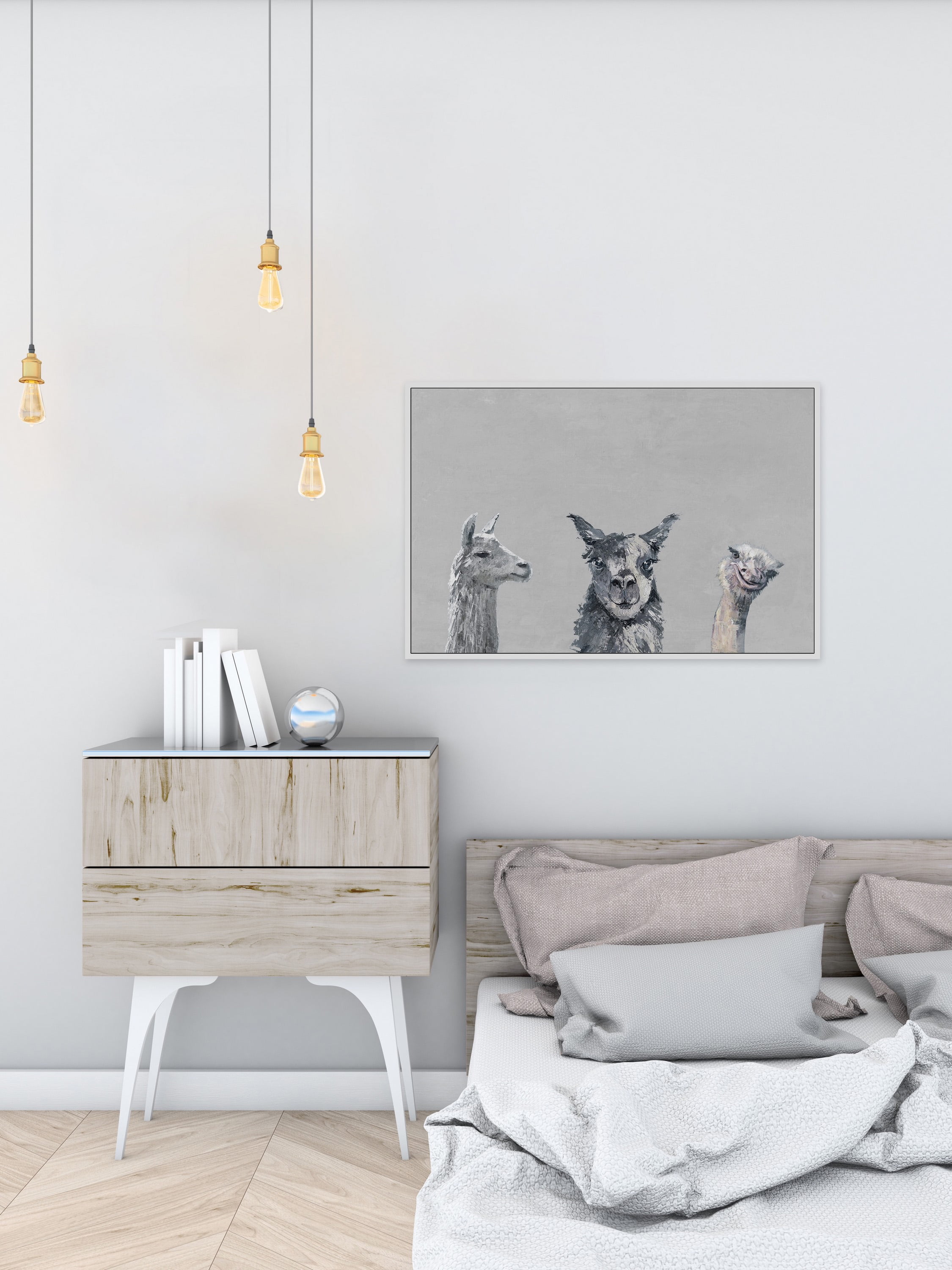 Llama and Ostrich Groove in Gray Floater Framed Painting Print on Canvas