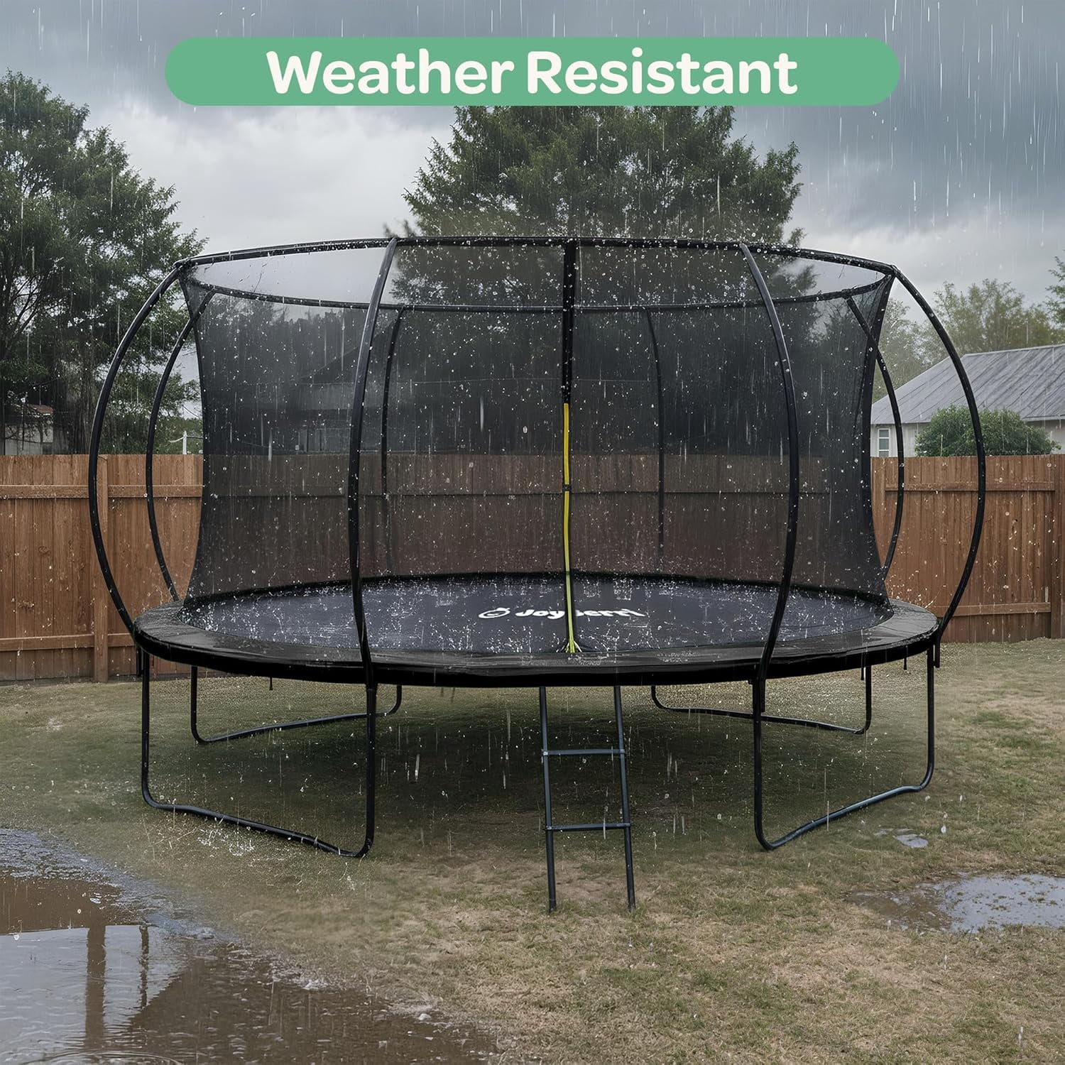 Joyberri trampoline for kids with trampoline net, add-on LED lights, and sprinklers, 14-ft, Black