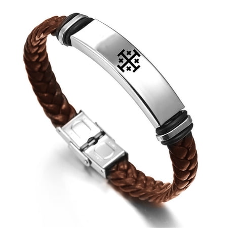 Religious Medieval Jewelry Braided Wrap Leather Jerusalem Crusaders Cross Bracelet for Men Women Greek Crossbars Faith Symbol Personalized Engraved Bangle for Church Christening, 8.26 Inch, Brown