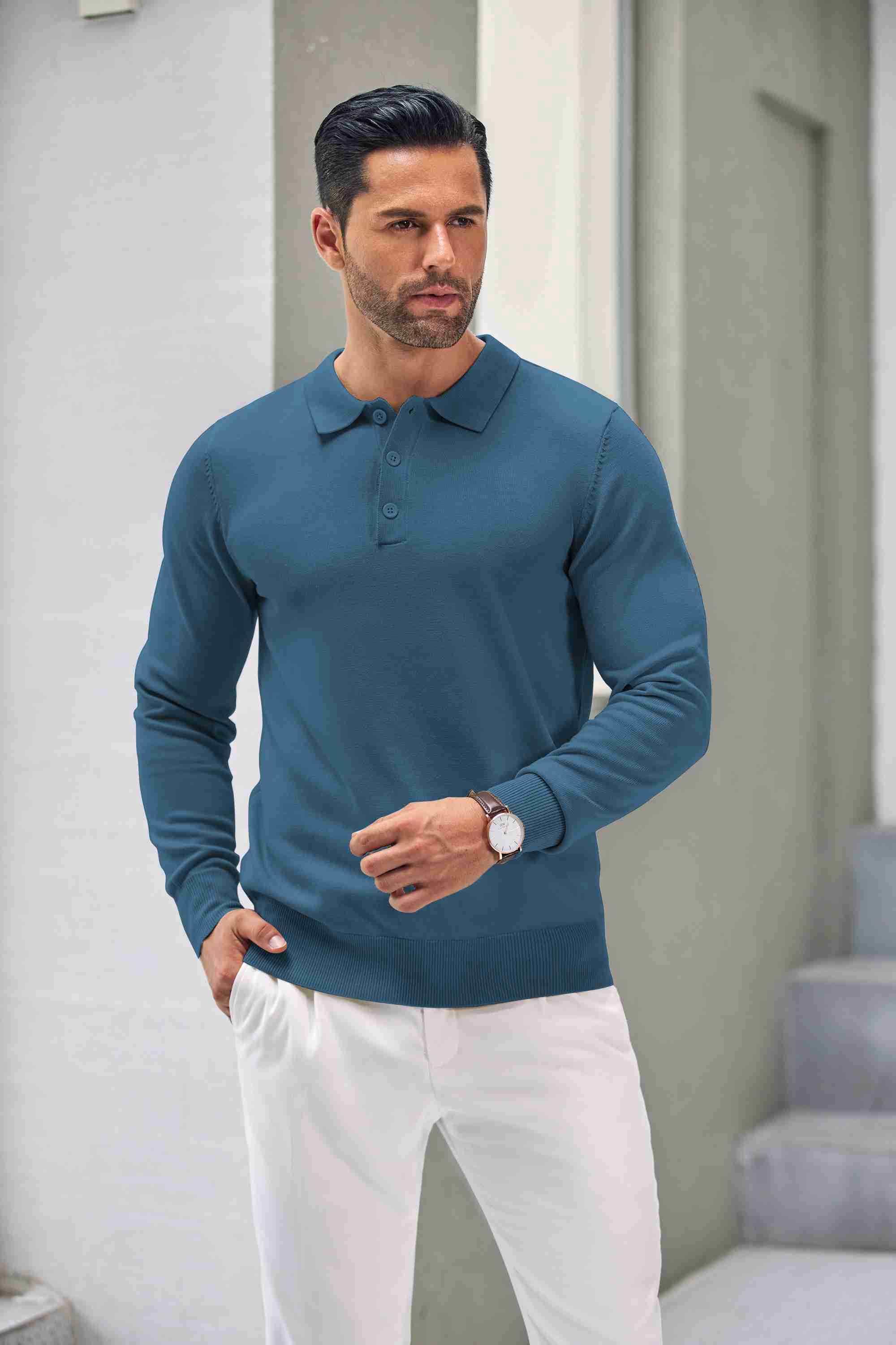 COOFANDY Mens Knit Polo Shirts Casual Long Sleeve Classic Polo Shirts Button Down Golf Shirts Cream