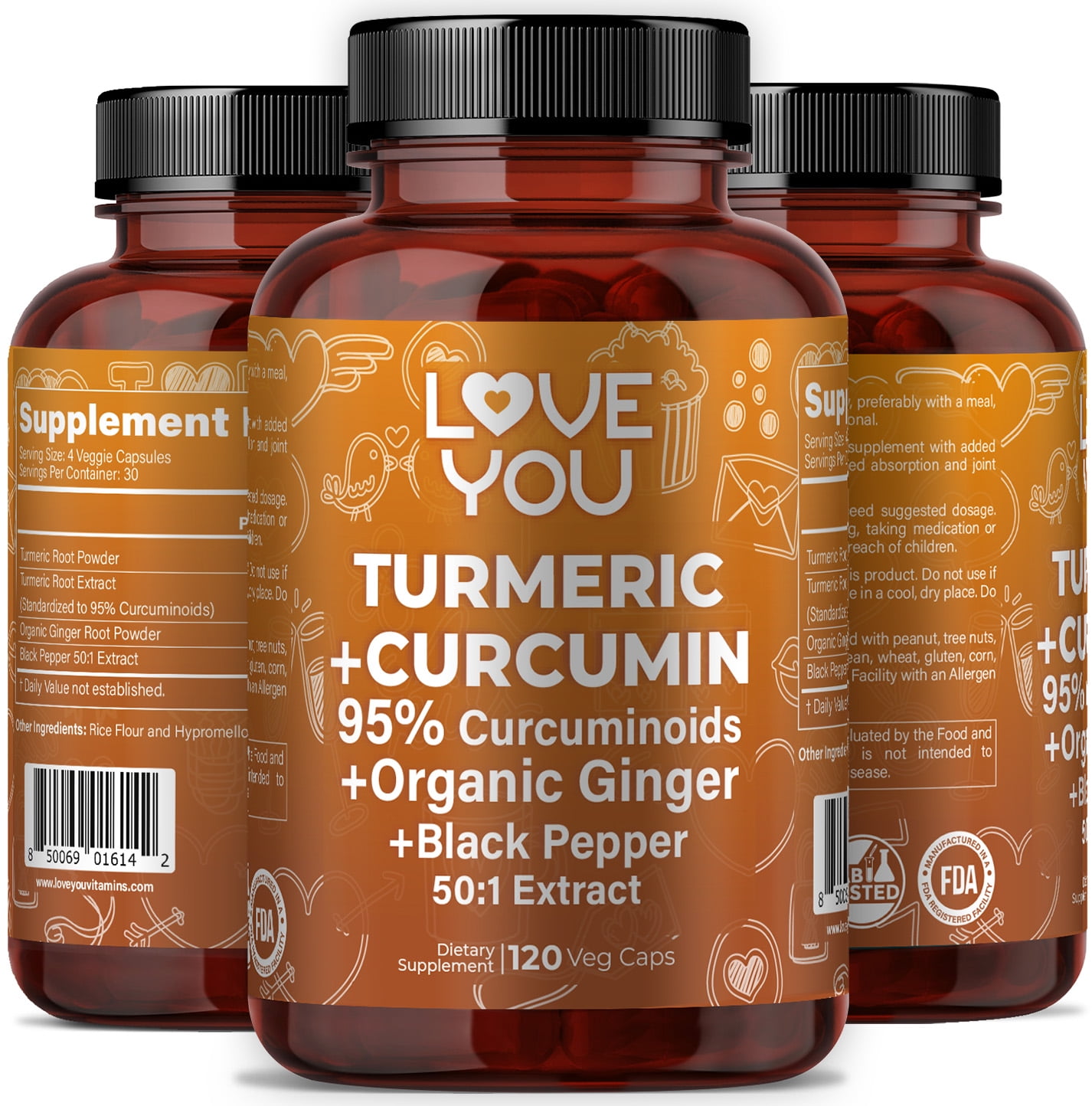 Love You Turmeric 1800 mg + 95% Curcuminoids 500 mg + Organic Ginger 120 Veggie Caps