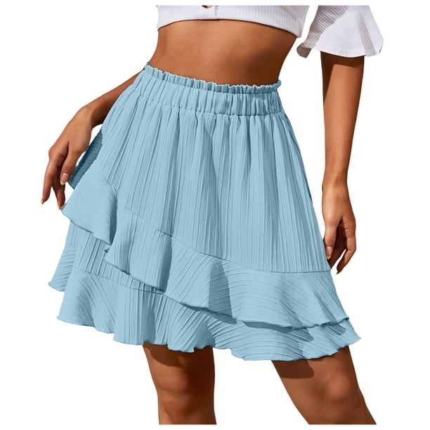 Falda irregular con volantes de cintura alta para mujer: falda elástica de poliéster de color liso para primavera/verano/otoño, lavable a máquina.