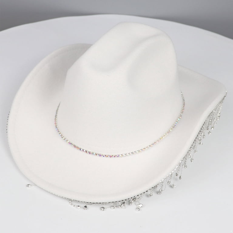 White Rhinestone Fringe Cowboy / Cowgirl hat Diamond Fringe festival Iridescent White Rhinestone Fringe Cowboy Hat: Festival and  main image 3