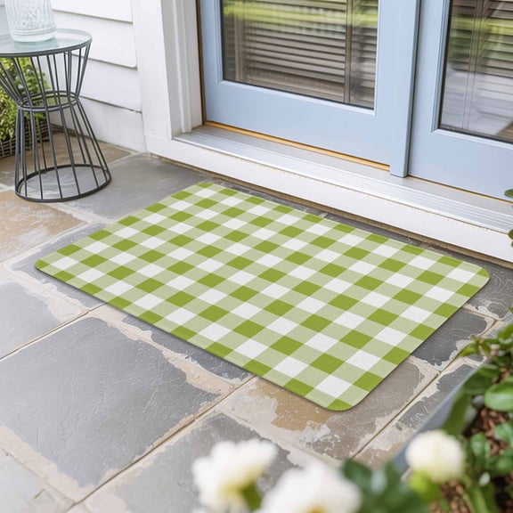 Green Plaid Door Mat Indoor Outdoor,Gradient Geometric Buffalo White Checkered Non Slip Welcome Mat with Rubber Backing,Absorbent Fabric Front Door Mats Entryway Rug for Home Patio Entrance 20"x31.5"