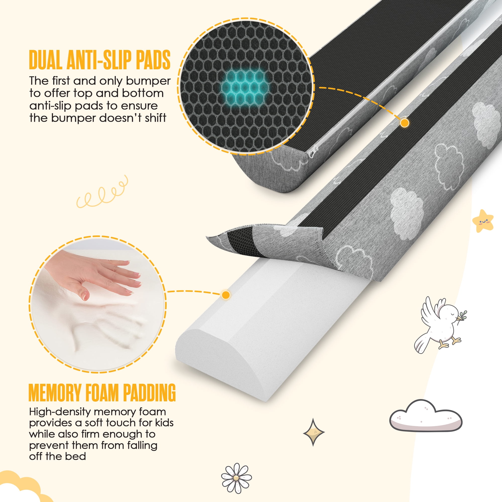 Sleepah Bed Rail for Toddlers Memory Foam Bed Bumper Guard w Dual Non-Slip Pads Waterproof Washable Removable Cover