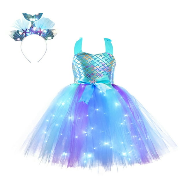 Déguisement de Fille Mermaid Tutu Lumineux à DEL Cadeaux Mermaid Robe de Princesse pour Halloween Cadeau d'Anniversaire 2-10 Ans